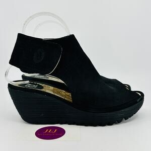 Fly London Women's Yone Black Perforated Leather Wedge Sandals Size 37/ 6.5-7 US